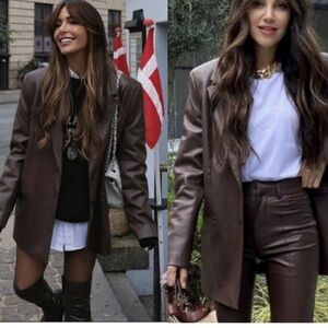 Zara brown leather blazer jacket